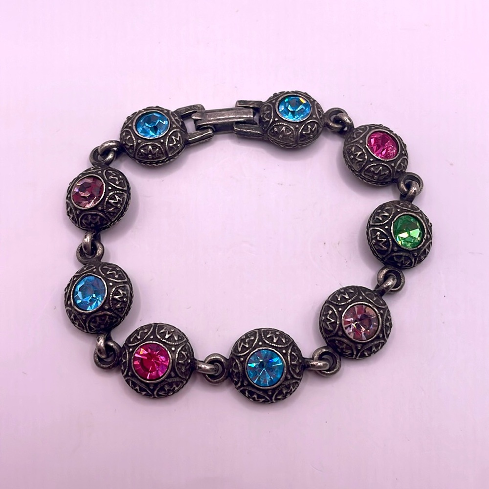Vintage Sterling Silver Rhinestone Stamped USA Chain Link Bangle Bracelet